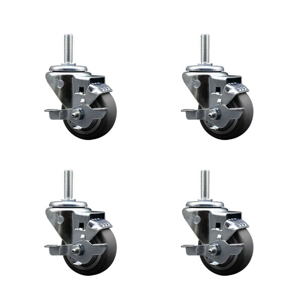 3 Inch Thermoplastic  Rubber Wheel Swivel 58 Inch Threaded Stem Caster Set with Brake SCC